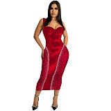 Plus Size Dress Amazon solid color sexy spaghetti straps chest wrap backless tight stretch mesh dress