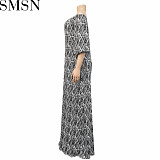 Plus Size Dress fashion floral print square shoulder medium sleeve large swing maxi dress