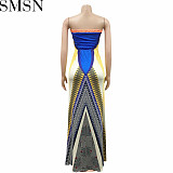 Fashion women dress printed wrapped chest sleeveless waist large swing dress women dress