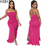 Casual Dress fashion solid color sexy tube top mesh see through ruffled irregular dress women