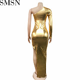 Casual Dress European and American New diagonal collar shoulder long sleeve irregular slit maxi dress