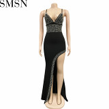 Fashion women dress Amazon new night club style rhinestone sexy strap irregular long dress