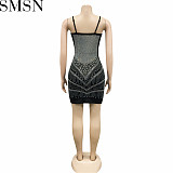Casual Dress Amazon nightclubs hot rhinestone sexy see through wrapped chest midi dress