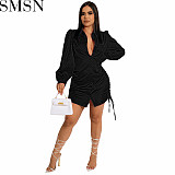 Casual Dress Amazon new autumn pleated lace up loose elastic mid length shirt dress