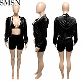 3 Piece Set Women solid color vest cardigan shorts sexy three piece suit