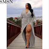 Plus Size Dress Long Sleeve Women Dresses Pleated Slit Maxi Dress for fat woman