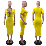 Casual Dress European and American women printed deep V dress short sleeve long sexy short sleeve dress