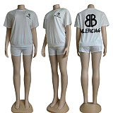 Two Piece Set Women Clothing Summer 2022 white print short sleeve shorts set