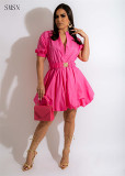 Fashion Women Dress solid color Bubble puff Dress with belt women's clothing Casual Dress