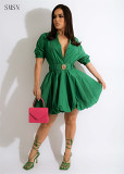 Fashion Women Dress solid color Bubble puff Dress with belt women's clothing Casual Dress