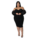 Plus Size Dress autumn new large size women dress skinny mesh pleated long sleeve one step dress