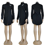 Fashion women dress Long sleeve solid color simple embroidered letter shirt dress
