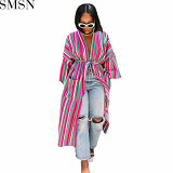Amazon fashion striped slit pocket strap loose long coat