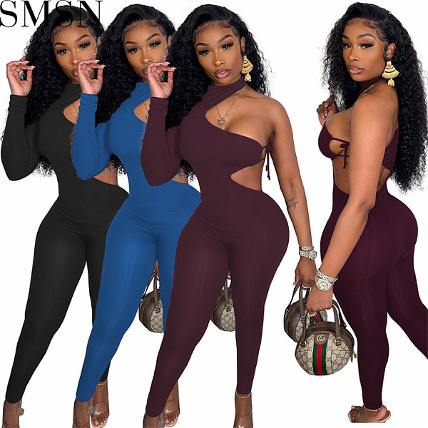 Bodycon Jumpsuit European and American tight lace up single sleeve irregular jumpsuit