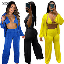 Outfits Two Piece Set Women Clothing Sexy velvet solid cardigan 3 Piece Set Women