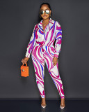 2 Piece Set Women nightclub fashion colorblock printing slim fit two piece suit