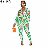 2 Piece Set Women nightclub fashion colorblock printing slim fit two piece suit