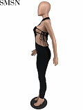Bodycon Jumpsuit European and American tight lace up single sleeve irregular jumpsuit