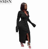 Fashion women dress Amazon long sleeve V neck long button bell sleeve dress sweater