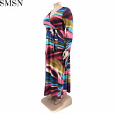 Plus Size Dress Amazon abstract printing with belt deep V neck fashion tight large size dress