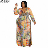 Plus Size Dress autumn leaf print with belt long sleeve loose casual large size dress