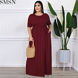 Fashion women dress solid color round neck loose casual plus size dress