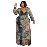 Plus Size Dress autumn leaf print with belt long sleeve loose casual large size dress