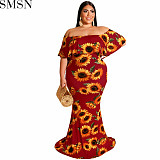 Plus Size Dress 2022 Summer Sunflowers Leaf Printed Sexy Tight Dress