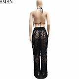 Two Piece Set Women Clothing sexy perspective knitted hand hook fringed beach suit