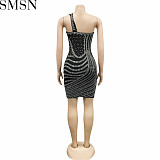 Casual Dress fashion sexy nightclub hot rhinestone diagonal collar mesh see through midi dress