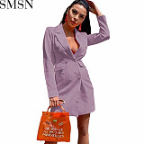 Amazon 2022 women solid color slim fit blazer double breasted long sleeve turn down collar coat top