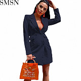 Amazon 2022 women solid color slim fit blazer double breasted long sleeve turn down collar coat top