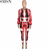 2 Piece Set Women fashion casual Daikin chain pattern positioning printing loose zip coat trousers two piece set