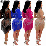 Casual Dress fashion nightclub hot drilling mesh see through silk long sleeve short dress