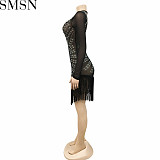 Casual Dress fashion nightclub hot drilling mesh see through silk long sleeve short dress