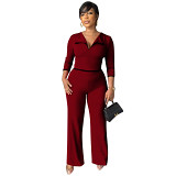 Women Jumpsuit 2022 fashion slim fit skin friendly V neck mid sleeved trousers jumpsuit