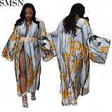 Amazon popular coat artificial silk multi print fashion casual trench coat
