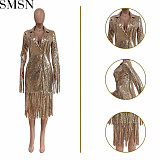 European and American women clothing casual solid color tassel sequins long coat