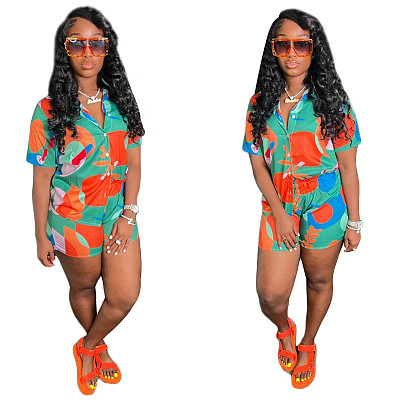 2 Piece Outfits 2022 Summer Fashion Casual Printed Shirt Short Sleeve Shorts Two Piece Set