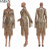 European and American women clothing casual solid color tassel sequins long coat