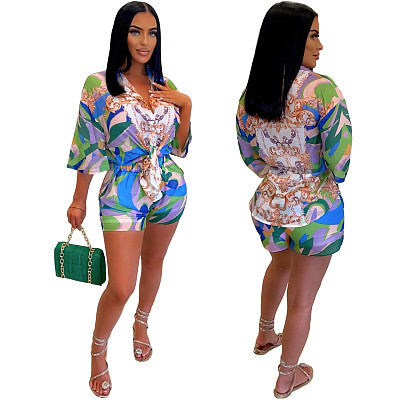 Sets For Women Two Pieces 2022 rich print slim casual shirt top shorts