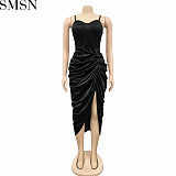 Evening Dresses 2022 Fashion solid color women sexy spaghetti straps chest wrap crimp split dress