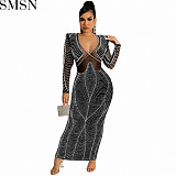 Casual Dress sexy nightclub hot rhinestone mesh see through V neck long sleeve dress for women