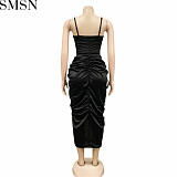 Evening Dresses 2022 Fashion solid color women sexy spaghetti straps chest wrap crimp split dress