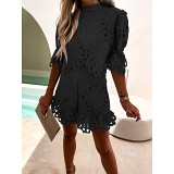 Two Piece Outfits 2022 spring and summer new fashion lace suit casual loose hollow zipper two piece set