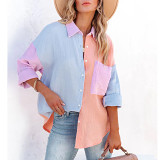 European and American summer contrast patchwork drop shoulder long sleeve shirt for women