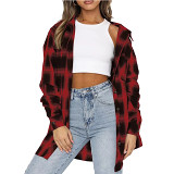 2022 autumn and winter women casual pocket loose plaid shirt