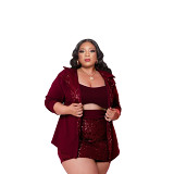 3 Piece Set Women Amazon autumn new large size pure color sequins three piece fashion culottes suit