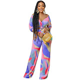 Sets For Women Two Pieces fashion women irregular pattern long sleeve trousers V neck two piece suit