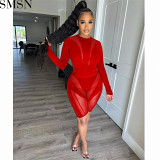 Two Piece Outfit Women fashion mesh see through round neck pants long sleeve two piece set